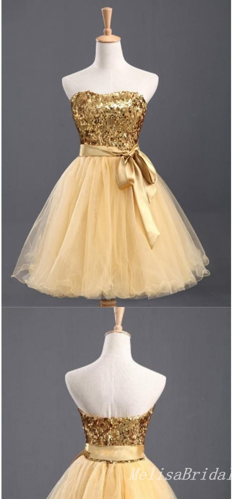 Gold Strapless Sparkle A-Line Graduation Party Short Homecoming Dresses With Bow Belt, HD408