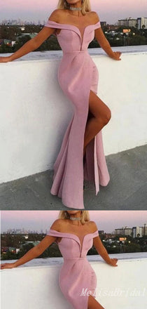 Charming Mermaid Elegant Pink Off-the-shoulder High Slit Evening Gown Long Prom Dresses,MB340