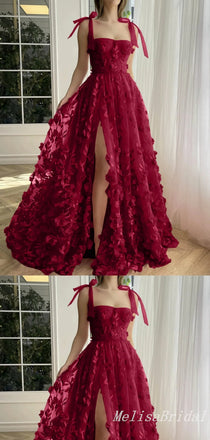 Elegant Sexy Fluffy Leaf Appliques Strapless A-line High Slit Evening Gown Long Prom Dresses,MB316