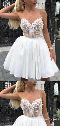 Sexy Spaghetti Straps White Sweetheart Lace Leaf Appliques Tulle A-Line Short Homecoming Dresses , HD298
