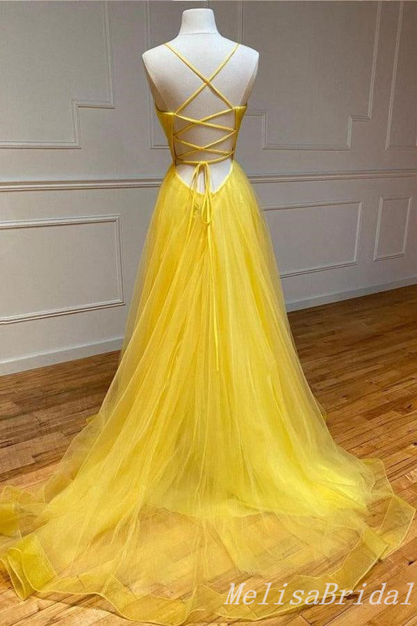 Elegant V Neck Spaghetti Straps Lace up Back Side Slit Tulle A-line Long Party Dress Prom Dresses ,MB10954