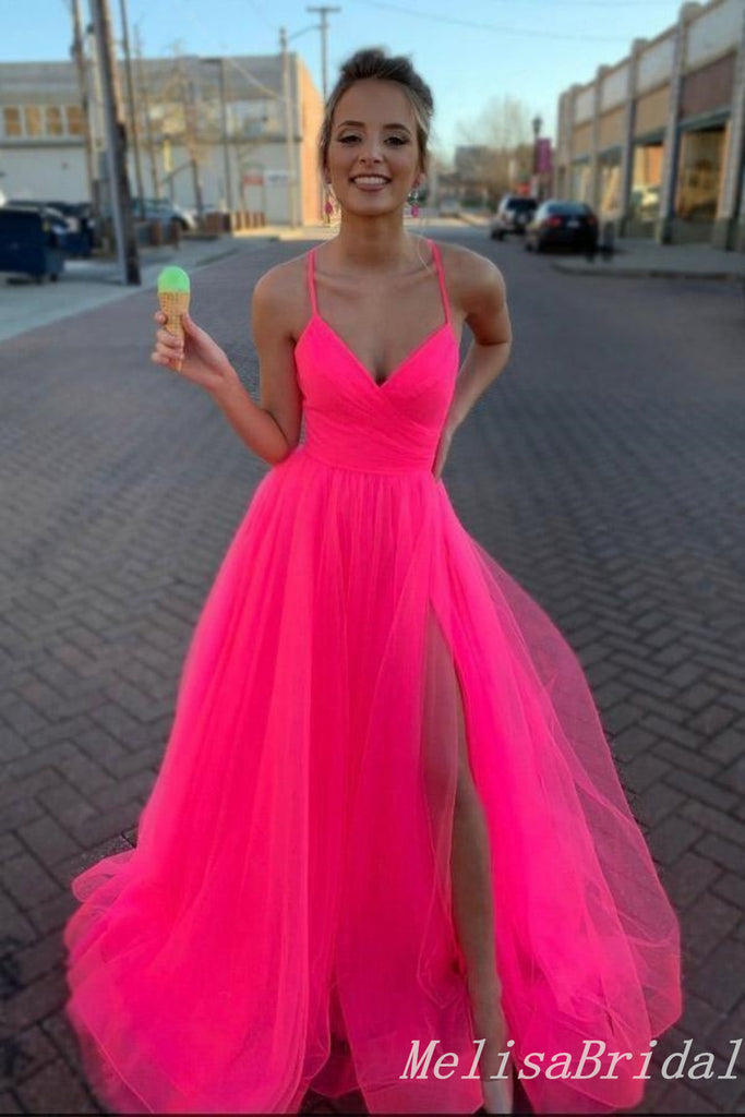 Elegant V Neck Spaghetti Straps Lace up Back Side Slit Tulle A-line Long Party Dress Prom Dresses ,MB10954