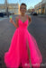 Elegant V Neck Spaghetti Straps Lace up Back Side Slit Tulle A-line Long Party Dress Prom Dresses ,MB10954