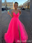 Elegant V Neck Spaghetti Straps Lace up Back Side Slit Tulle A-line Long Party Dress Prom Dresses ,MB10954