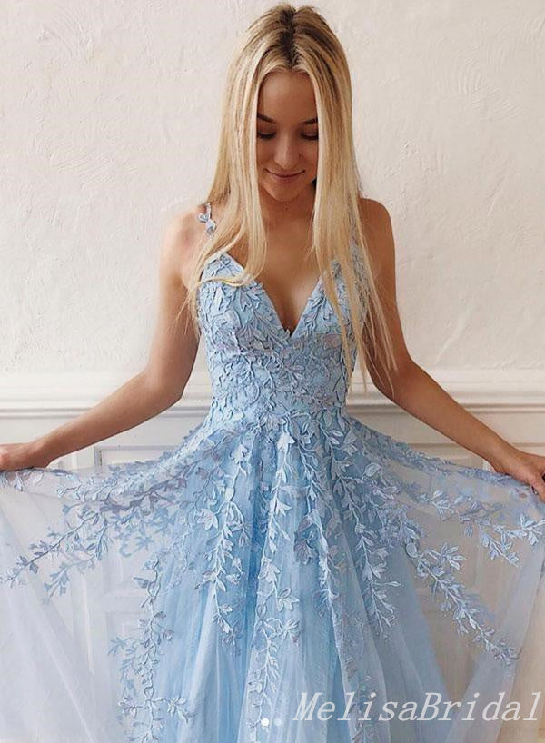 Elegant Light Blue V Neck Lace Appliques A-line Long Party Dress Prom Dresses ,MB10956