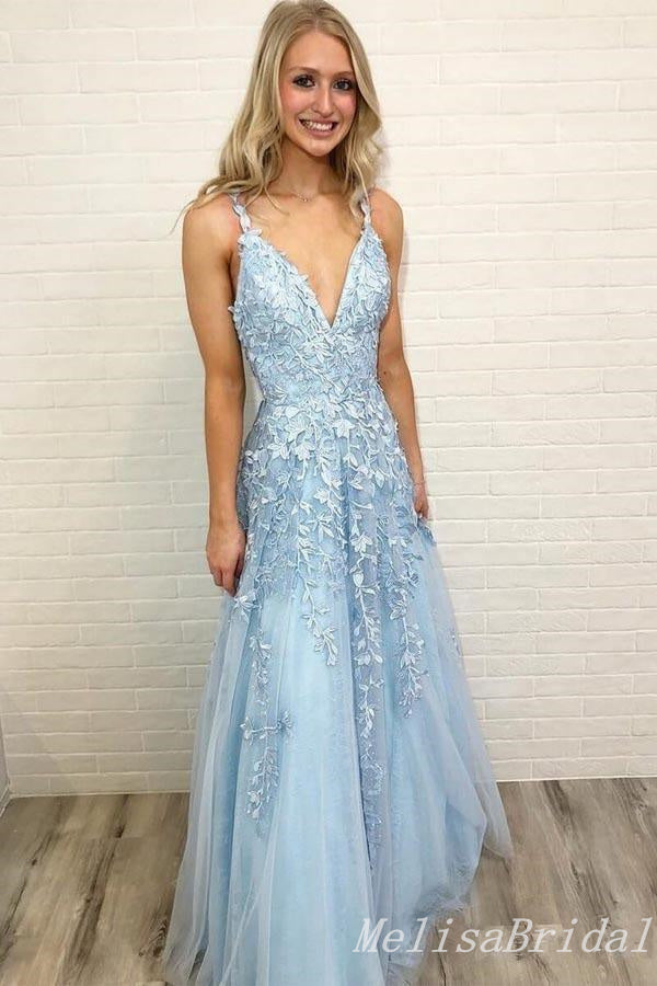 Elegant Light Blue V Neck Lace Appliques A-line Long Party Dress Prom Dresses ,MB10956