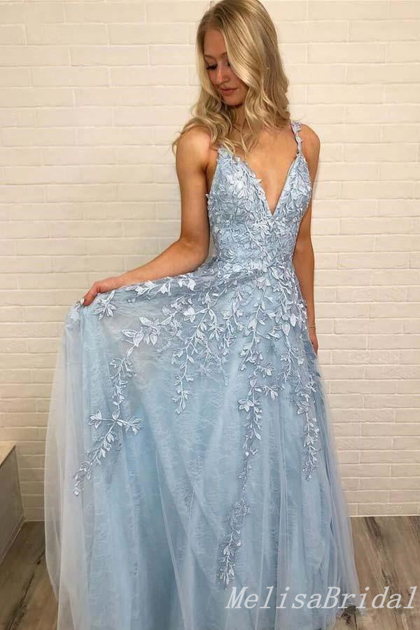 Elegant Light Blue V Neck Lace Appliques A-line Long Party Dress Prom Dresses ,MB10956