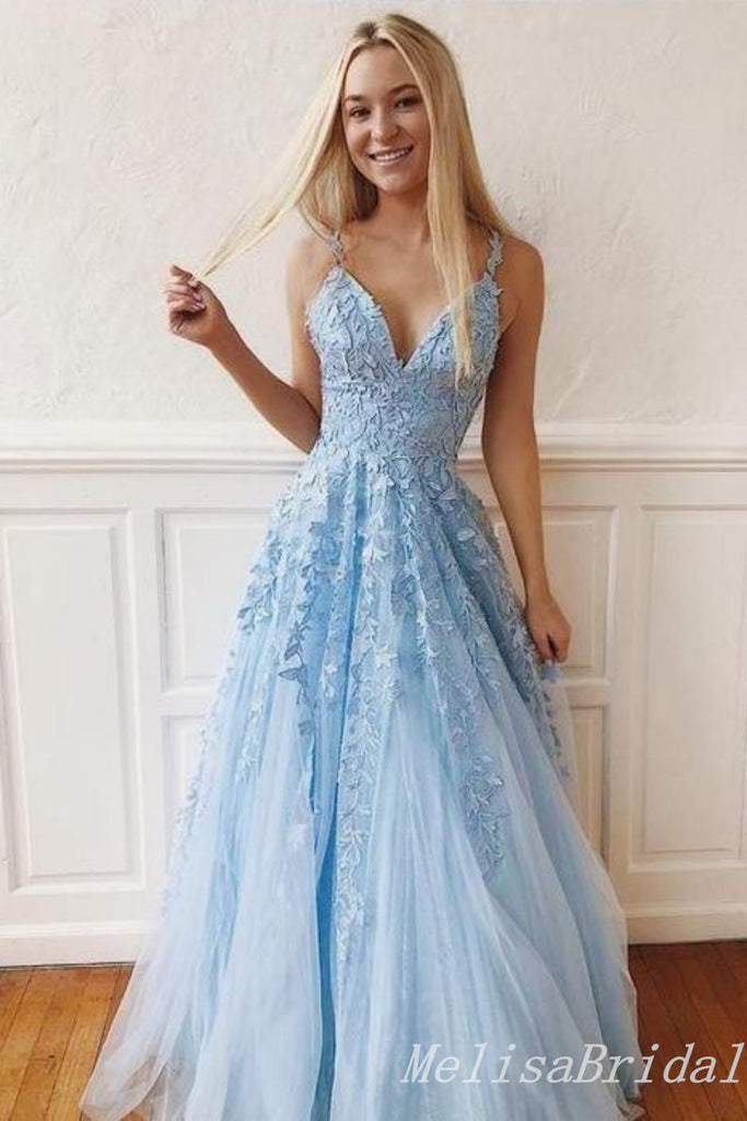 Elegant Light Blue V Neck Lace Appliques A-line Long Party Dress Prom Dresses ,MB10956