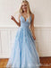 Elegant Light Blue V Neck Lace Appliques A-line Long Party Dress Prom Dresses ,MB10956