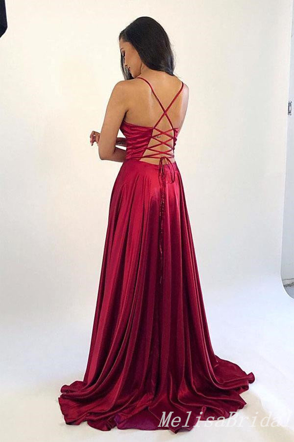 Sexy Spaghetti Straps V Neck Lace up Back Side Slit Long Party Dress Prom Dresses ,MB10959