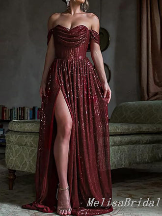 Sparkle Burgundy Off-the-shoulder A-line Evening Gown Long Evening Party Prom Dresses,MB819