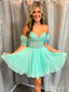 Elegant Green Lace Appliques Illusion Off Shoulder A-Line Cheap Simple Short Homecoming Dresses, HD78