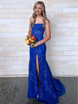 Sexy Dark Blue Lace Appliques Tulle Strapless  Side Slit Mermaid Long Evening Prom Dresses,MB100