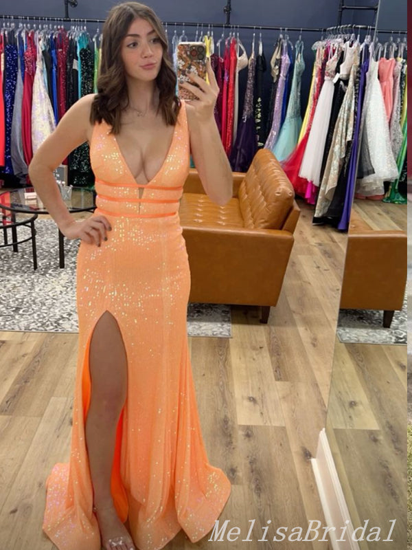 Shiny Orange Plunging Mermaid Side Slit Mermaid Party Dress Long Prom Dresses to Impress ,MB992