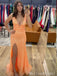 Shiny Orange Plunging Mermaid Side Slit Mermaid Party Dress Long Prom Dresses to Impress ,MB992