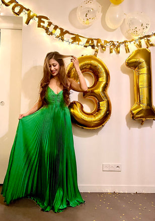 Elegant Green Spaghetti Strap Pleats A-Line Long Evening Prom Dresses,MB15