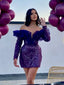 Sexy Purple Ruffle Off Shoulder Sequin Tulle Long Sleeves Short Homecoming Dresses, HD25