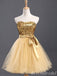 Gold Strapless Sparkle A-Line Graduation Party Short Homecoming Dresses With Bow Belt, HD408