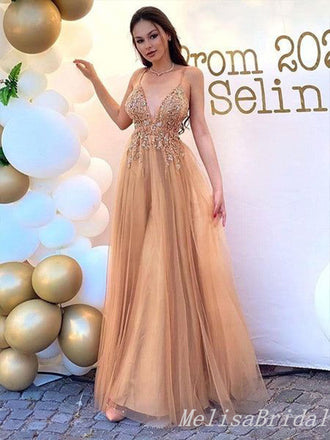 Sexy Spaghetti Straps Sparkly Plunging Appliques Tulle A-line Evening Gown Long Prom Dresses ,MB284