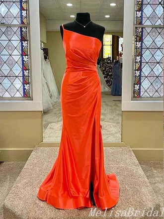 Sexy Orange Single Spaghetti Straps Evening Gown Maxi Long Formal Dresses Prom Dresses With High Slit,MB463