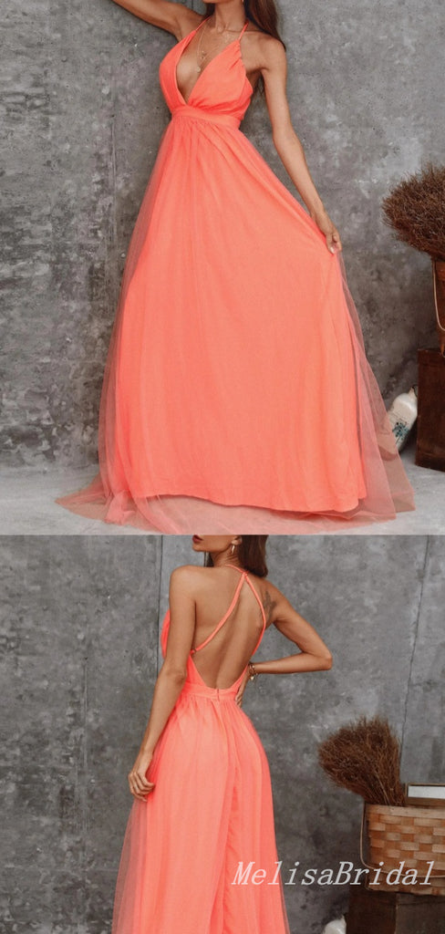 Sexy Elegant A-line Spaghetti Straps Plunging Deep V-neck Tulle Evening Gown Long Formal Dresses Prom Dresses ,MB356