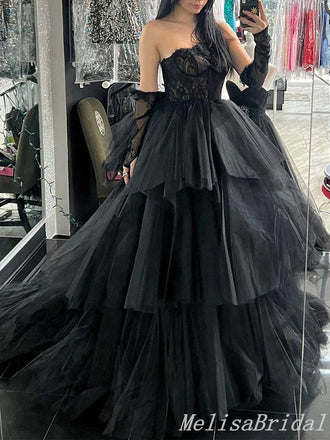 Black Lace Appliques Sheer Corset Strapless Layer A-Line Evening Gown Maxi Long Evening Party Prom Dresses With Trailing  ,MB613