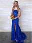 Sexy Dark Blue Lace Appliques Tulle Strapless  Side Slit Mermaid Long Evening Prom Dresses,MB100