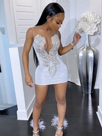 Sexy White Beading Spaghetti Straps Sequin V Neck Simple Cheap Short Homecoming Dresses, HD43