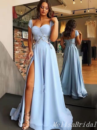 Sexy Gorgeous Blue Sweetheart A-line Appliques Evening Gown Long Formal Dresses Prom Dresses with Side Slit ,MB378