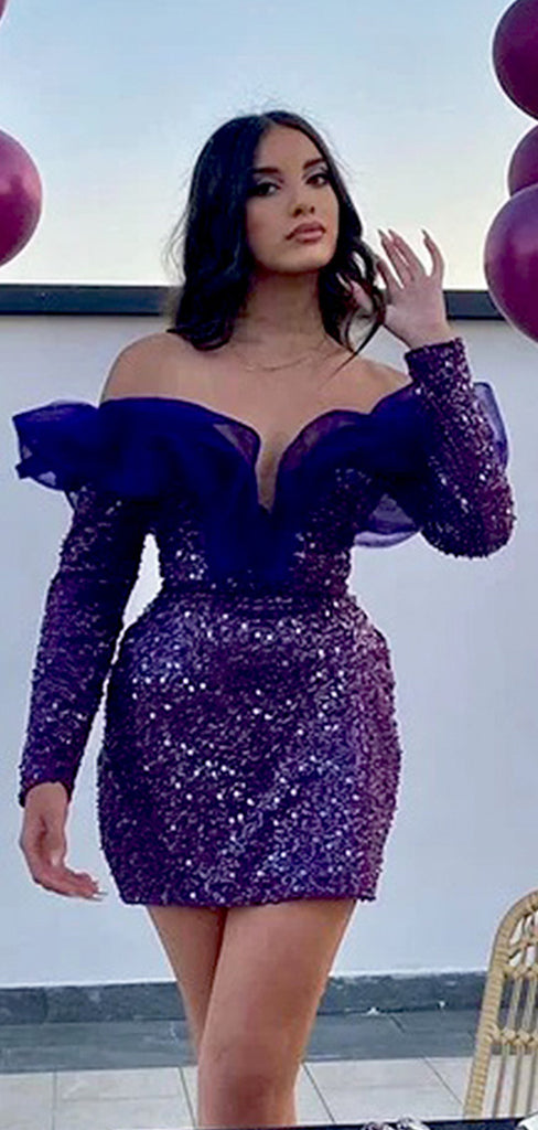 Sexy Purple Ruffle Off Shoulder Sequin Tulle Long Sleeves Short Homecoming Dresses, HD25