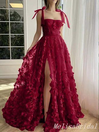 Elegant Sexy Fluffy Leaf Appliques Strapless A-line High Slit Evening Gown Long Prom Dresses,MB316