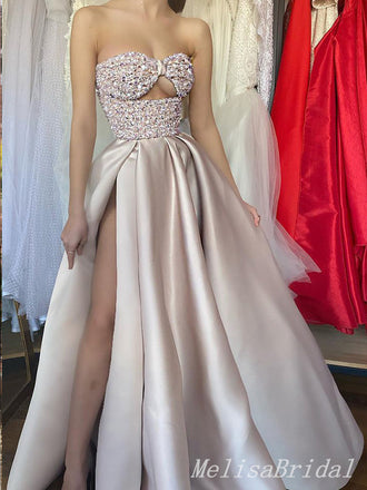 Sexy Elegant Beading Sleeveless High Slit Evening Gown Long Prom Dresses with Pleats,MB269