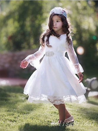 Elegant White Lace Appliques  A- Line Long Sleeve Cheap Long Flower Girl Dresses ,FG25