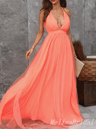 Sexy Elegant A-line Spaghetti Straps Plunging Deep V-neck Tulle Evening Gown Long Formal Dresses Prom Dresses ,MB356