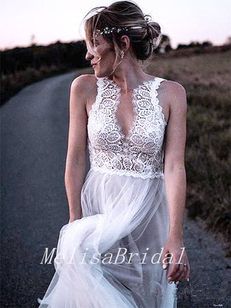 New Arrival V-Neck White Tulle A-Line Long Cheap Beach Wedding Dresses, WD15