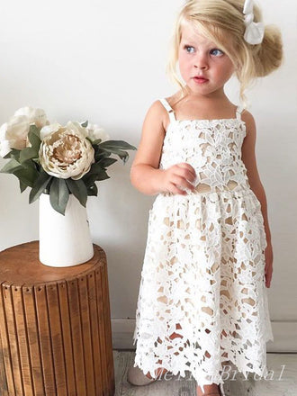 White Spaghetti Straps A- Line Cheap Simple Long Flower Girl Dresses ,FG40