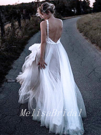 New Arrival V-Neck White Tulle A-Line Long Cheap Beach Wedding Dresses, WD15