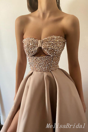 Sexy Elegant Beading Sleeveless High Slit Evening Gown Long Prom Dresses with Pleats,MB270