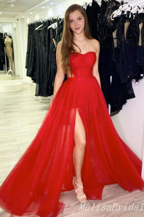 Charming A-line Red Sweetheart High Slit Evening Gown Long Prom Dresses,MB341