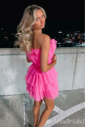 Unique Pink Strapless Layer Graduation Party Short Homecoming Dresses With Ruffles , HD375