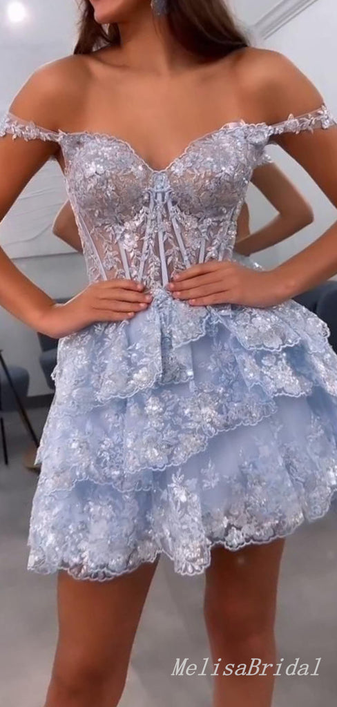 Sparkly Sexy Sweetheart Off Shoulder Lace Appliques Tiered Short Homecoming Dresses with Ruffles, HD258