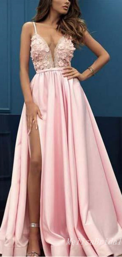 Sexy Spaghetti Straps High Slit Plunging Appliques A-line Evening Gown Long Prom Dresses ,MB285