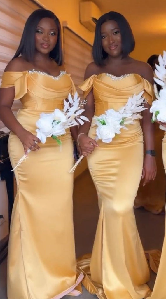 Elegant Yellow Off the Shoulder Mermaid Long Bridesmaid Dresses ,BD253