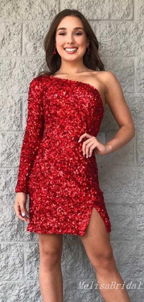 Red Mermaid One Shoulder Single Long Sleeve Sparkle Tight Graduation Party Short Homecoming Dresses , HD394