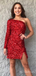 Red Mermaid One Shoulder Single Long Sleeve Sparkle Tight Graduation Party Short Homecoming Dresses , HD394