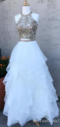 Fluffy Two Pieces O-Neck A-Line Lace Appliques Evening Gown Maxi Long Formal Dresses Prom Dresses ,MB580