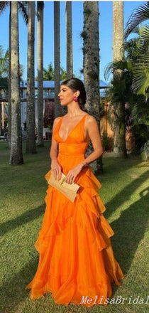 Sexy Orange A-Line Plunging Layer Asymmetrical Evening Gown Maxi Long Formal Dresses Prom Dresses,MB464
