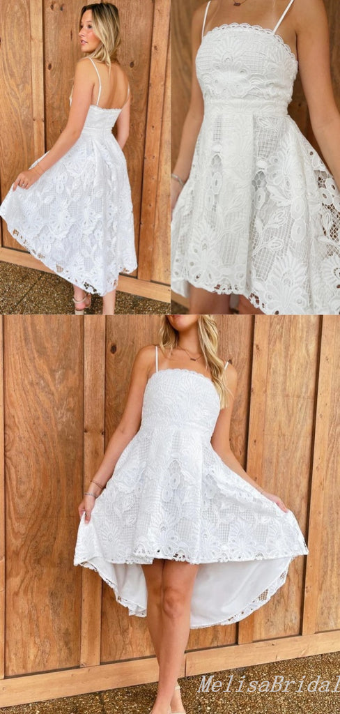 Elegant White High Low Lace Appliques Spaghetti Straps A-Line Graduation Party Homecoming Dresses, HD339