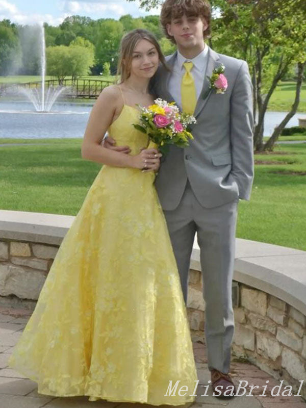 Elegant Yellow Spaghetti Straps A-line Long Party Dress Prom Dresses ,MB10966