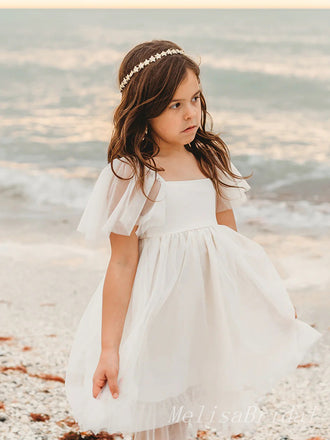 White A- Line Tulle A-Line Cheap Simple Long Flower Girl Dresses ,FG41